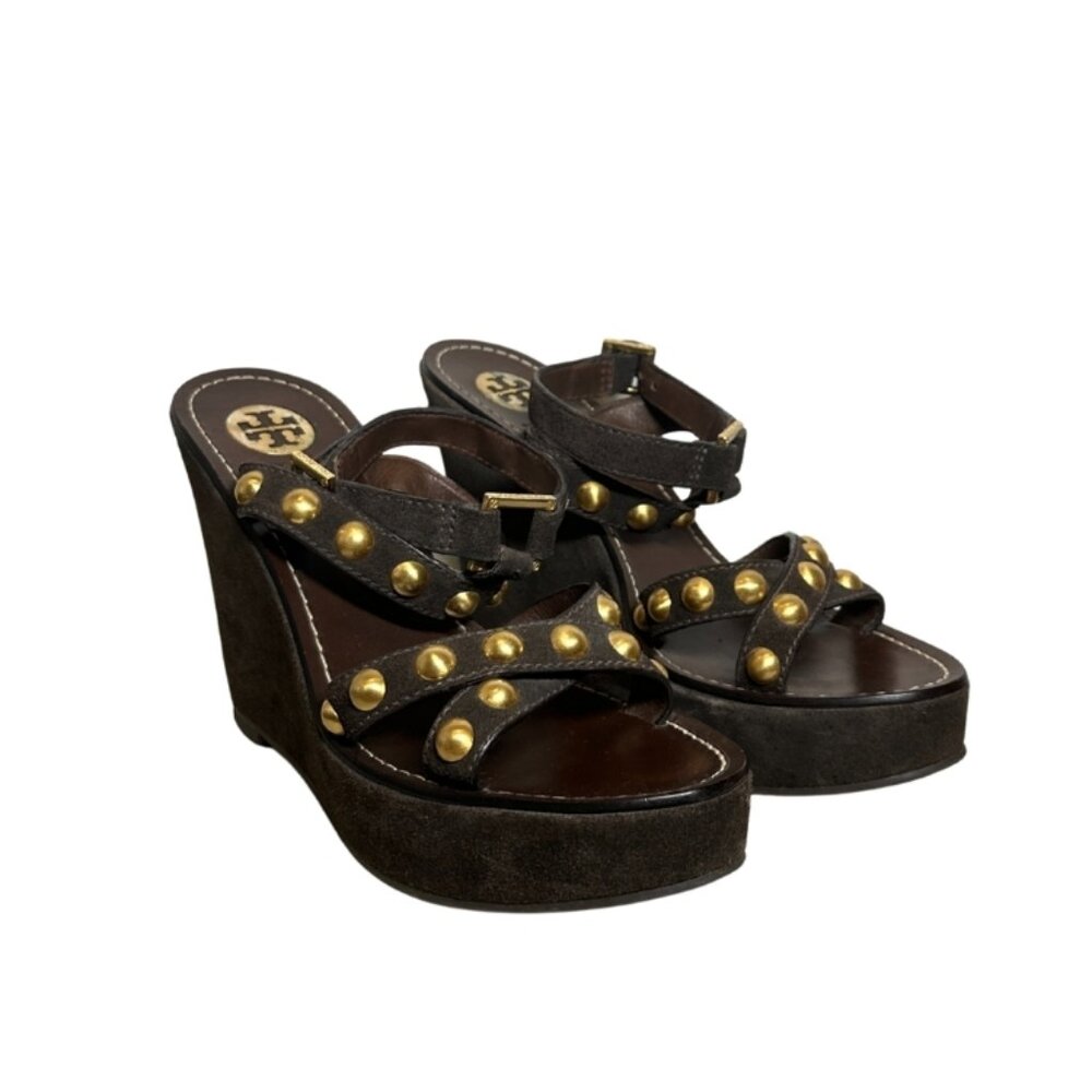 TORY BURCH Suede Studded Wedge Sandals – Size 9.5